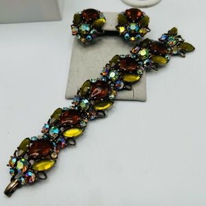 Stunning Signed Selini Amber Topaz , AB Rhinestone Bracelet Earring Set